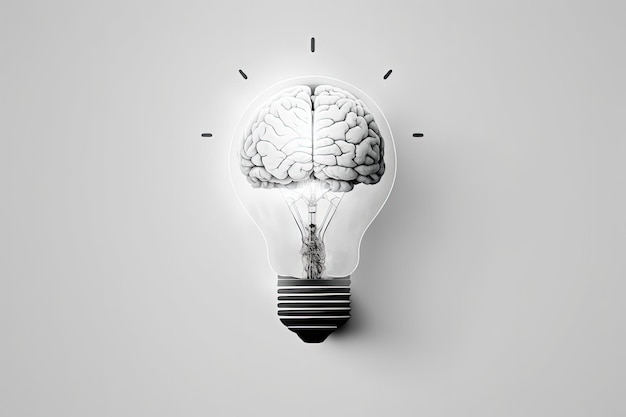Foto ilustração da lâmpada com ideias cerebrais e fundo do conceito de criatividade ia generativa