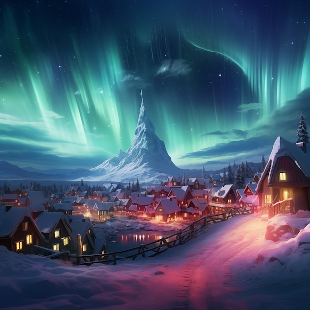 Ilustração da linda aurora boreal sobre a cidade à noite