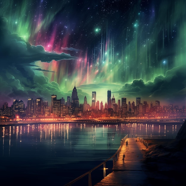 Ilustração da linda aurora boreal sobre a cidade à noite