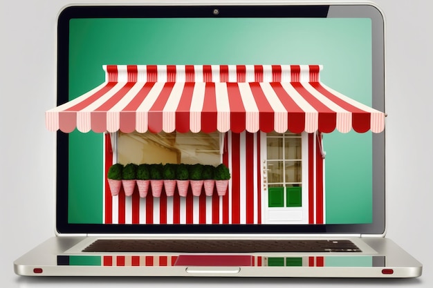 Ilustração da loja com toldo vermelho e branco no fundo da tela do laptop Generative AI