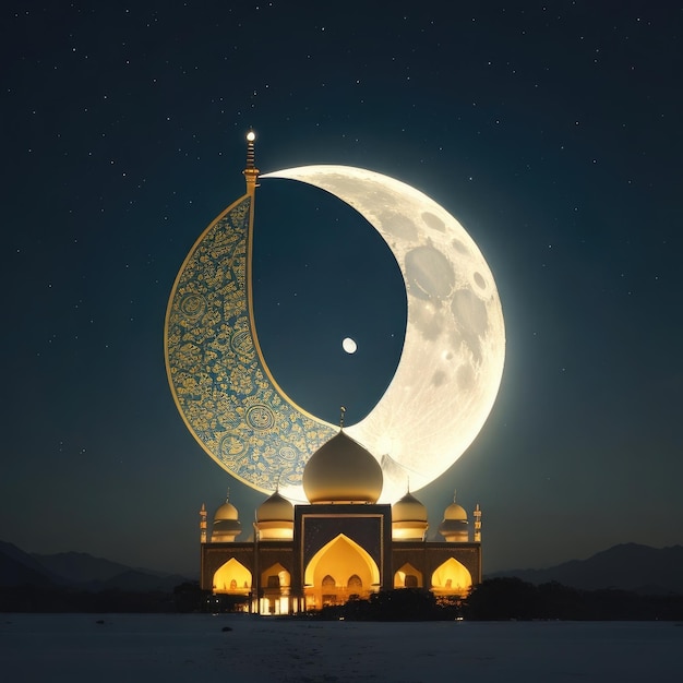 Ilustração da lua e da mesquita à noite Ramadan Kareem