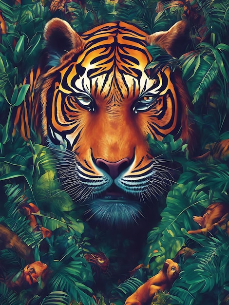 Ilustração da Máscara do Tigre Tropical Símbolo Místico do Enigmático fundo colorido Ai Gerado