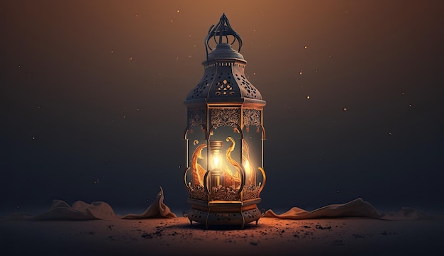 Ilustração da mesquita do Ramadã lanterna luz vela fundo cinematográfico escuro ai gerado