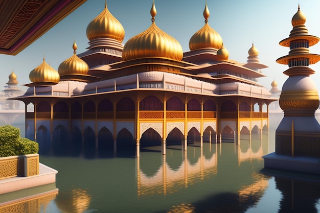 Ilustração da Mesquita Islâmica Eid al Adha Lanternas árabes e fundo islâmico História árabe 3d