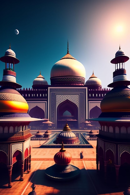 Ilustração da Mesquita Islâmica Eid al Adha Lanternas árabes e fundo islâmico História árabe 3d