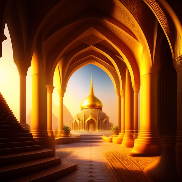 Ilustração da Mesquita Islâmica Eid al Adha Lanternas árabes e fundo islâmico História árabe 3d