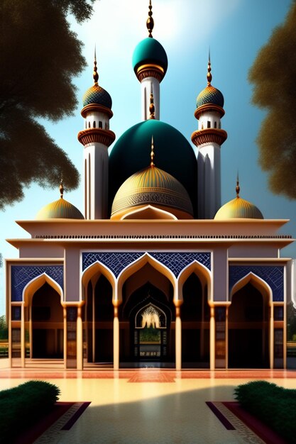 Ilustração da Mesquita Islâmica Eid al Adha Lanternas árabes e fundo islâmico História árabe 3d
