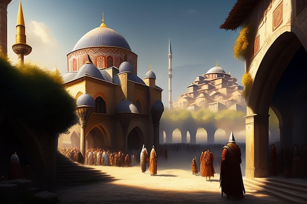 Ilustração da Mesquita Islâmica Eid al Adha Lanternas árabes e fundo islâmico História árabe 3d