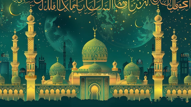 Ilustração da mesquita no lado inferior verde e dourado com fonte com tema árabe