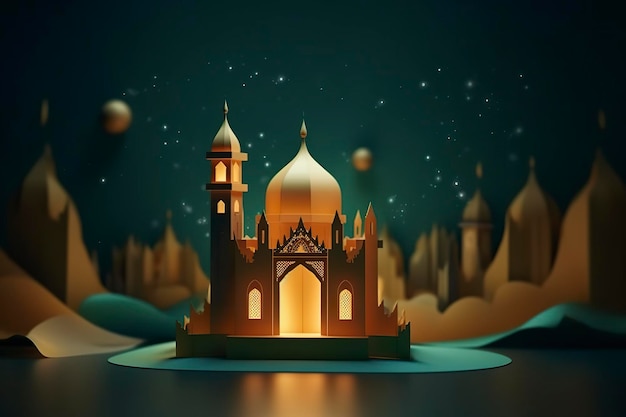 Ilustração da noite de eid Mubarak com a luz de um estilo de papel de lâmpada luxo feliz fundo Eid AI Generative