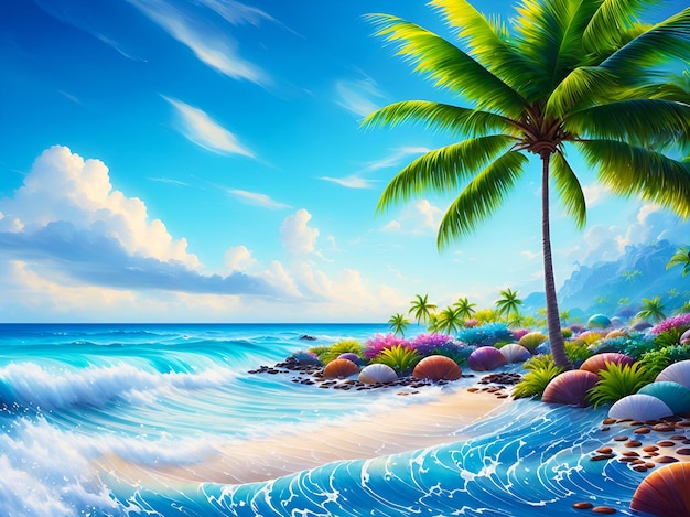Ilustração da paisagem com coqueiros e um oceano azul com nuvens