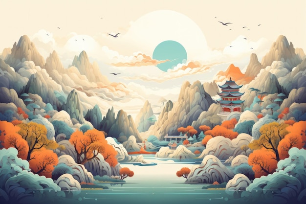 Ilustração da paisagem do rio Guilin Li e das montanhas cársticas China Generative ai