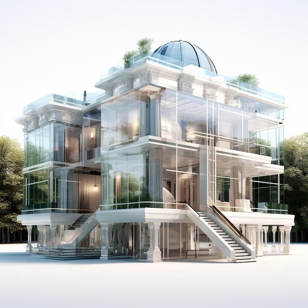 ilustração da renderização Glass Facade Mansion3D de um luxuoso Generative ai