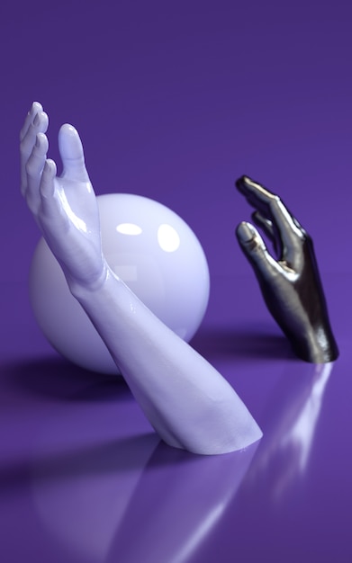 Foto ilustração da rendição 3d das mãos do homem no estúdio roxo com esfera. partes do corpo humano.