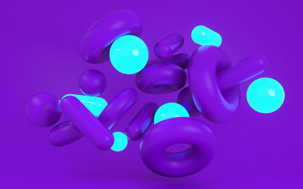 Ilustração da rendição 3d de formas dinâmicas macias. cor roxa em negrito e material de luz neon.