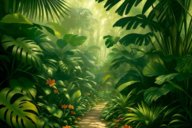 Ilustração da selva em um dia ensolarado Bela floresta tropical com plantas exóticas flores palmeiras folhas grandes e samambaias Bosque da floresta tropical Vegetação verde iluminada IA generativa