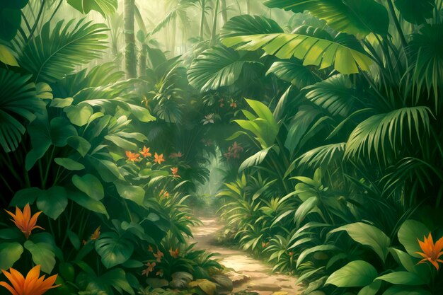 Ilustração da selva em um dia ensolarado Bela floresta tropical com plantas exóticas flores palmeiras folhas grandes e samambaias Bosque da floresta tropical Vegetação verde iluminada IA generativa