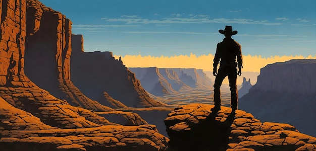 Foto ilustração da silhueta de um cowboy sozinho de pé em um penhasco com vista para um desfiladeiro com o deserto se estendendo abaixo dele ao pôr do sol