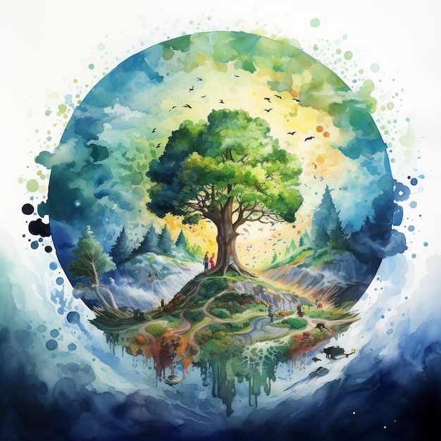 ilustração da terra cheia de vida em aquarela