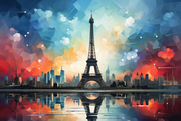 Ilustração da Torre Eifel com arte digital moderna abstrata e colorida misturada com estilos batik