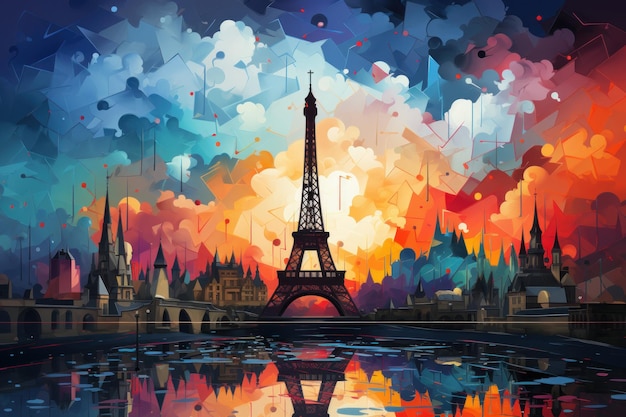 Ilustração da Torre Eifel com arte digital moderna abstrata e colorida misturada com estilos batik