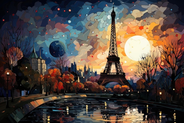 Ilustração da Torre Eifel com arte digital moderna abstrata e colorida misturada com estilos batik