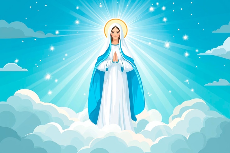Ilustração da Virgem Maria ascendendo ao céu em nuvens
