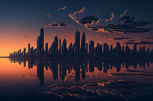 Ilustração da vista da cidade ao fundo do pôr do sol