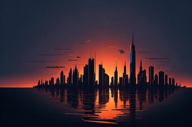 Ilustração da vista da cidade ao fundo do pôr do sol