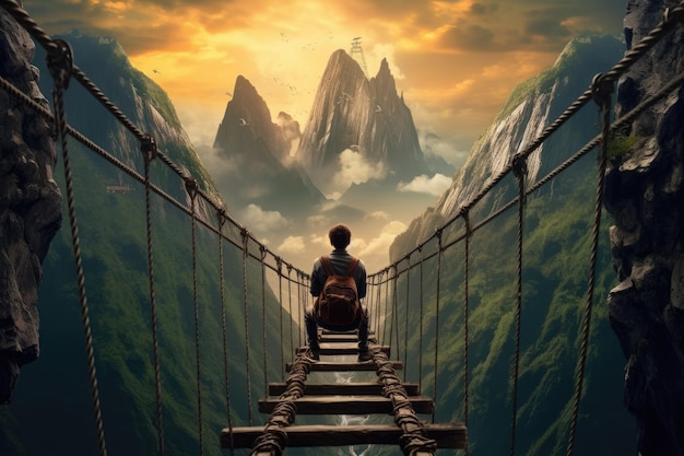 Ilustração da vista traseira de um homem contemplando o nascer do sol em uma ponte de corda