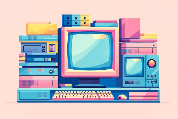 Ilustração das conexões volumosas de computadores da Internet dos anos 90 e sites pixelados