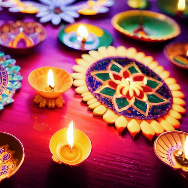 Foto ilustração das lâmpadas de óleo acesas no rangoli colorido durante a celebração do diwali.