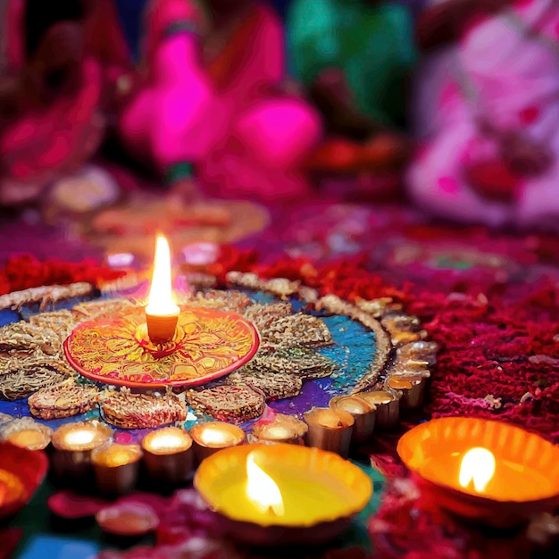 Ilustração das lâmpadas de óleo acesas no rangoli colorido durante a celebração do diwali