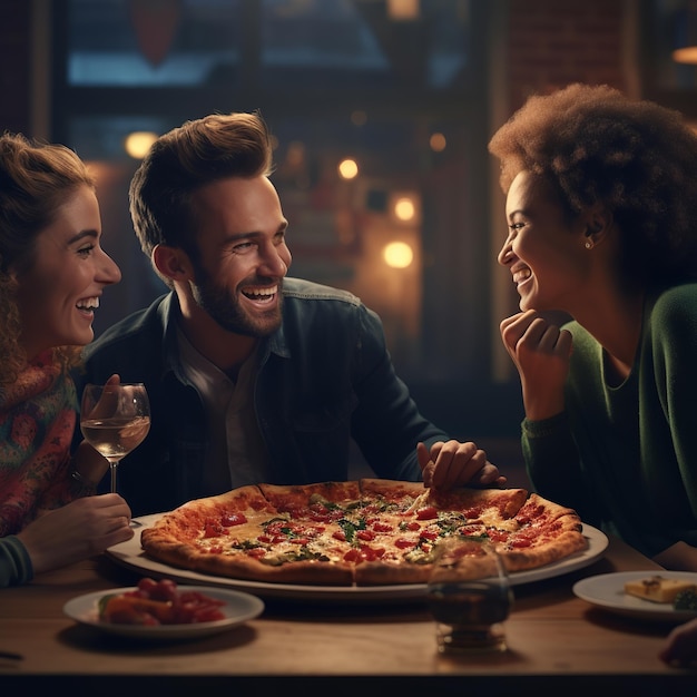 ilustração de 3 pessoas sentadas juntas comendo uma deliciosa pizza