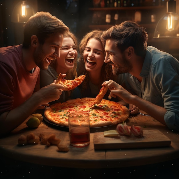 ilustração de 3 pessoas sentadas juntas comendo uma deliciosa pizza