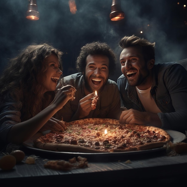 ilustração de 3 pessoas sentadas juntas comendo uma deliciosa pizza