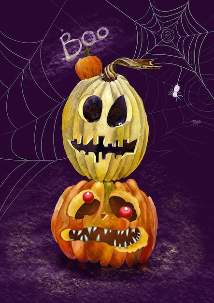 Ilustração de abóbora de Halloween com aranhas