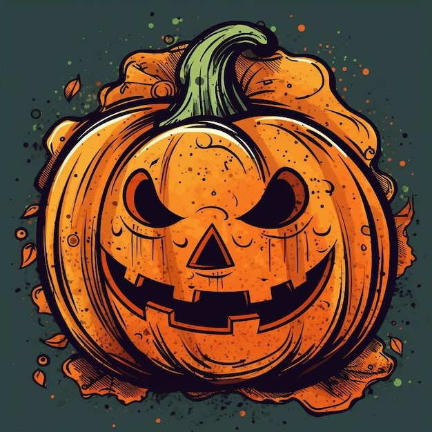 Ilustração de abóbora de Halloween com rosto esculpido assustador em um fundo escuro ícone colorido outono