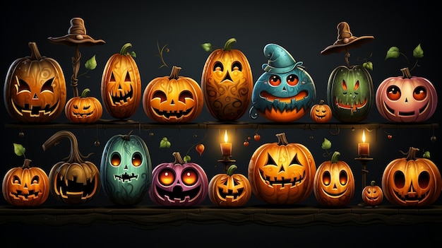 Ilustração de abóboras esculpidas para o halloween com diferentes formas e cores