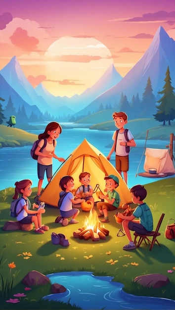 Foto ilustração de acampamento de família feliz