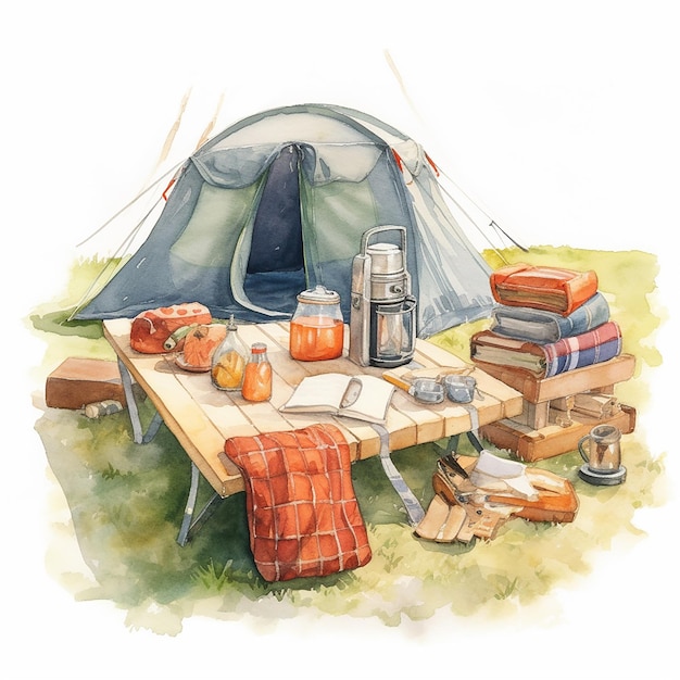 Ilustração de acampamento de verão em aquarela