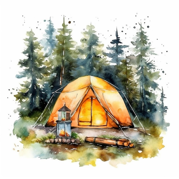 Ilustração de acampamento de verão em aquarela