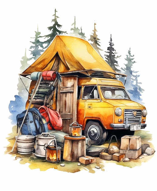 Ilustração de acampamento de verão em aquarela