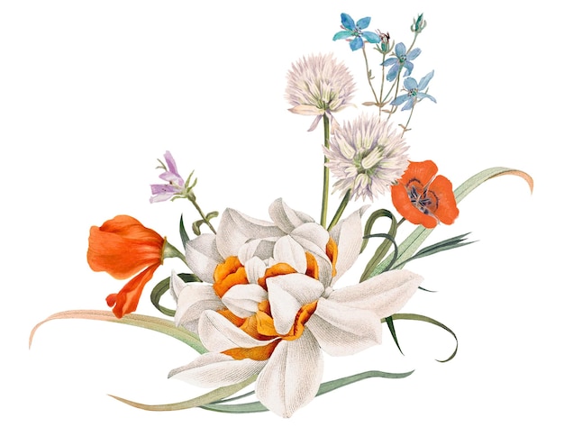 Ilustração de adesivo png de flores coloridas remixada de obras de arte de domínio público