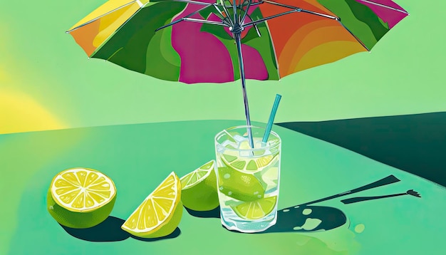 Ilustração de água fria com limão e guarda-chuva