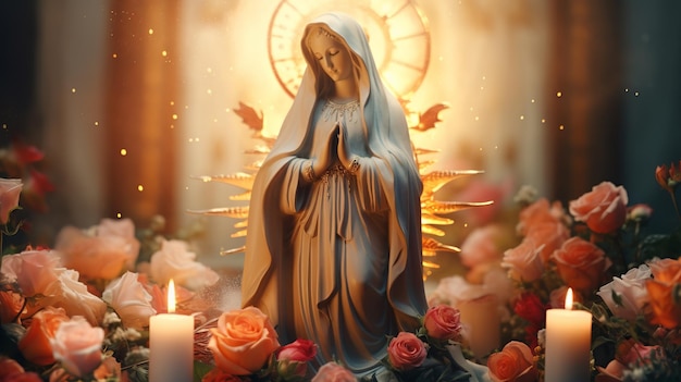 Ilustração de altar cristão com estátua da Virgem Maria decorada