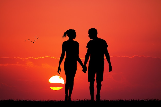 Foto ilustração, de, amantes, em, pôr do sol