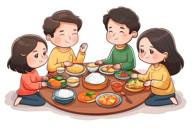 Ilustração de amigos sentados em torno de uma mesa com uma variedade de alimentos Imagem para panfletos