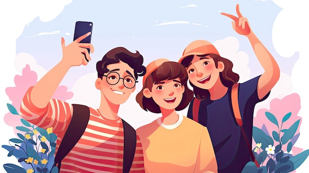 ilustração de amigos tirando uma selfie por ocasião do Feliz Dia Internacional da Amizade