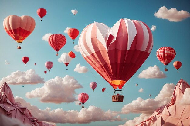 Foto ilustração de amor e dia dos namoradosorigami fez balão de ar quente em forma de coração com massagem 14 de fevereiro flutuando no estilo de arte e artesanato digital